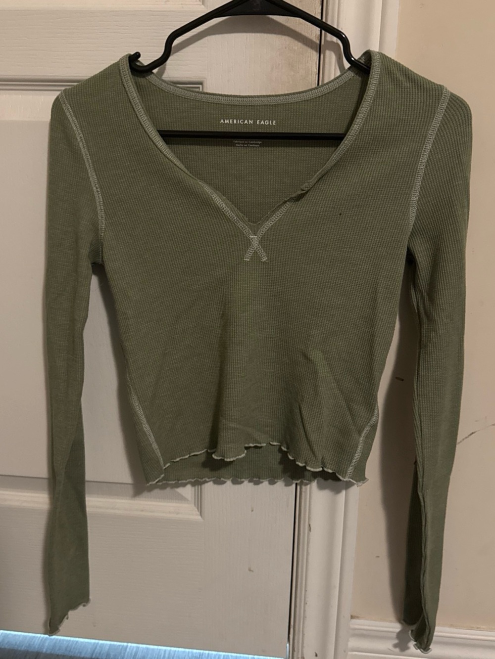 American Eagle Outfitters Olive Ribbed V-Notch Long Sleeve Top